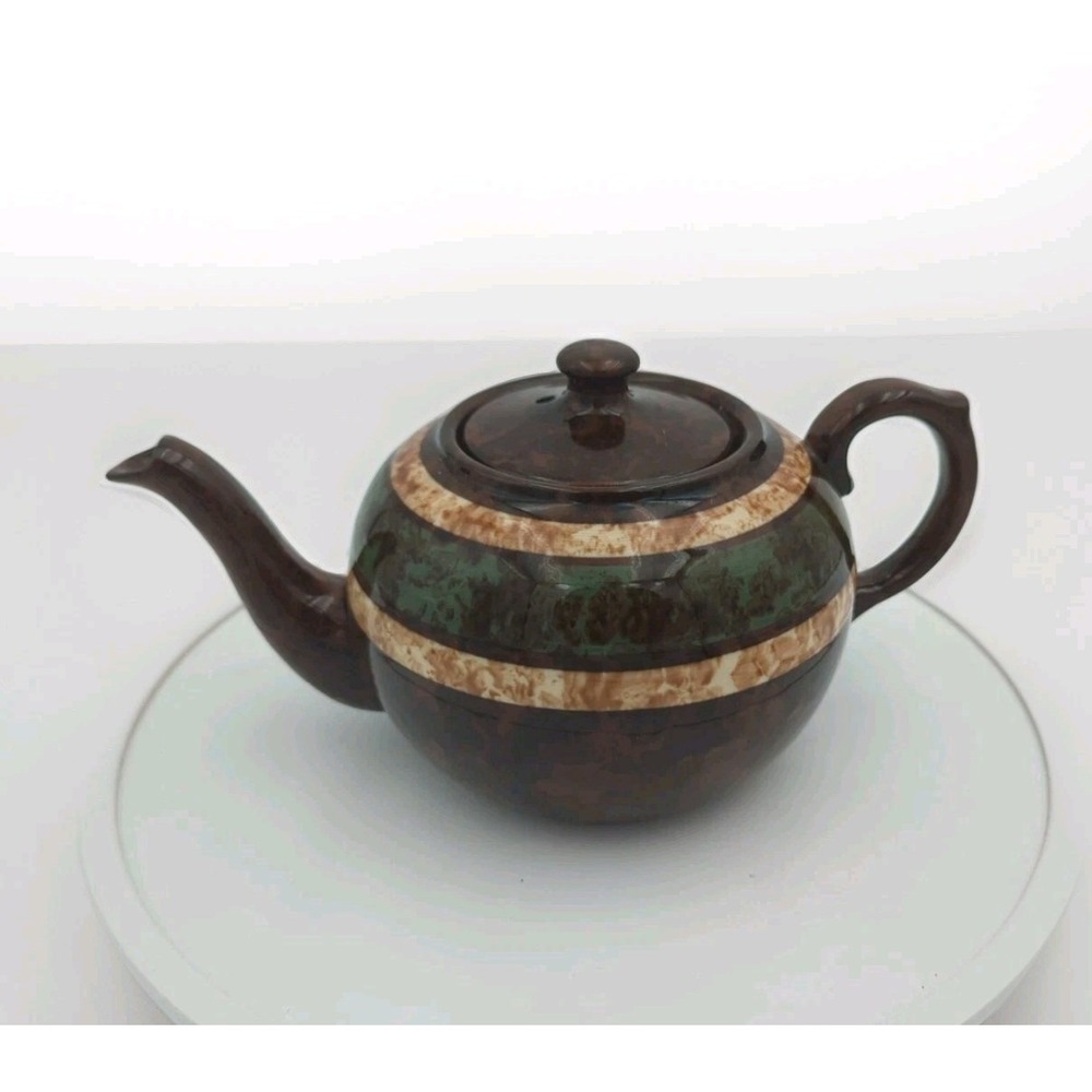 VTG Mid-Century English Pottery Teapot Brownware‎ Glaze Blue Stripe
